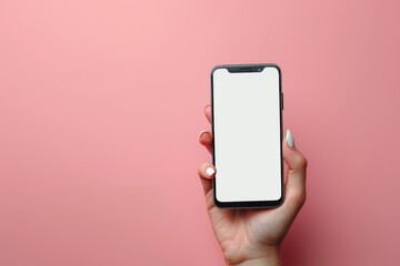 Hand Holding Smartphone with White Display on Pink Background - Mobile Technology Concept for Design