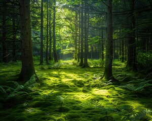Fototapeta premium A serene forest glade with a carpet of moss and ferns, surrounded by tall trees with sunlight filtering through their leaves.