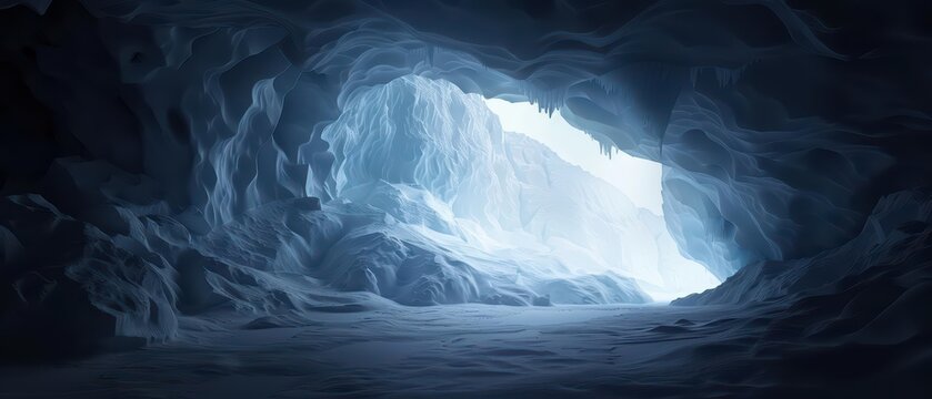 An ultramodern supernatural scene illustrating an ice cave style glacial cavern concept