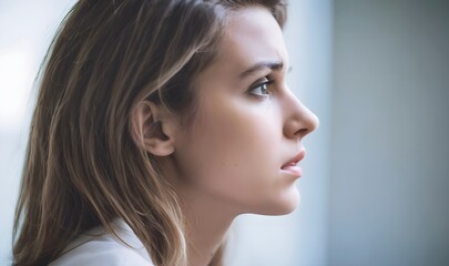 Naklejka premium Close-up profile of woman with anxirty , anxious and frustrated emotion, emotional distress and sress