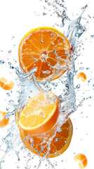 Floating isolated whole orange with water splash, two slice on white background