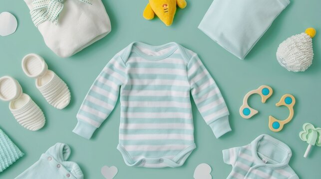 Detailed and organized baby registry setup with various newborn clothing items such as onesies socks