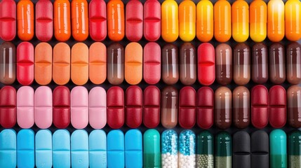 Neatly arranged assortment of various colored multivitamin mineral and dietary supplement capsules and pills on a table with a colorful gradient background  Health and wellness concept