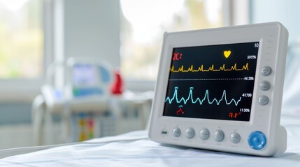 Closeup of a newborn baby heartbeat monitor displaying vital signs data including heart rate rhythm and waveform for medical diagnosis patient monitoring