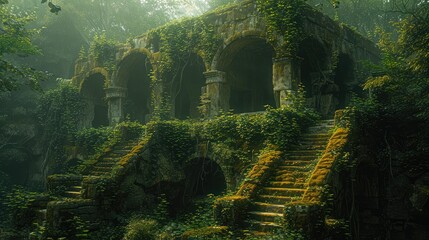 Crumbling stone structures overgrown with vines and jungle foliage, showing deep cracks and decay