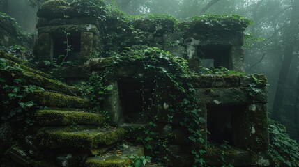 Crumbling stone structures overgrown with vines and jungle foliage, showing deep cracks and decay