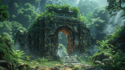The cracked and weathered entrance to a cave surrounded by dense jungle vegetation and foliage © Junaed Ahamed Sakib