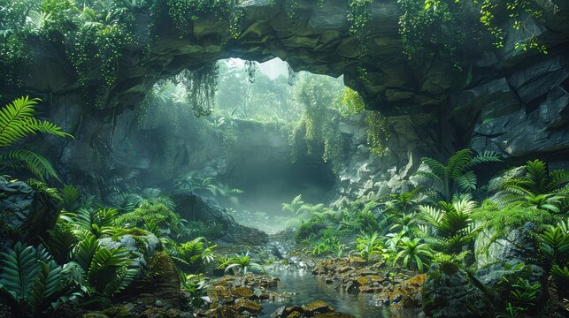 Fototapeta The cracked and weathered entrance to a cave surrounded by dense jungle vegetation and foliage
