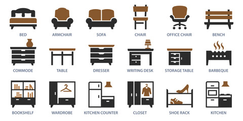 Furniture icon set. Collection of sofa, kitchen, chair, dresser and more. Vector illustration. Easily changes to any color.