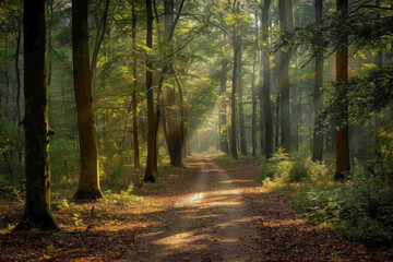 Fototapeta premium Sunbeams Illuminating a Path Through a Dense Forest
