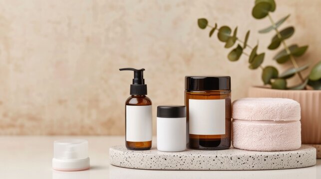 Maternity skincare products including bottles jars and creams arranged on a vanity with a mirror and floral decor accents  The setup creates a serene and relaxing atmosphere for a self care routine