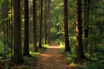 Fototapeta premium Sunlit Path Winding Through Dense Forest