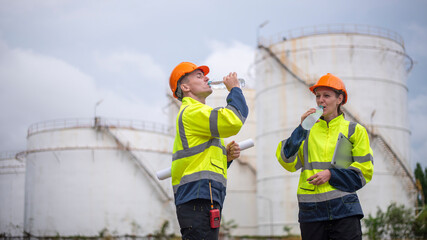 Engineer drinking water tried form work holding tablet computer standing in front of industrial facility, possibly a refinery or chemical plant, engaged in a job that requires high safety standards.