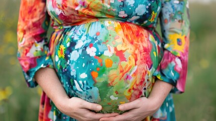 A close up image showcasing a designed pregnancy belly painting with a creative abstract pattern in a deep depth of field setting  The striking colors textures
