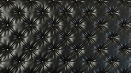 Fototapeta premium A textured pattern resembling a black leather or fabric surface. The pattern consists of diamond-shaped tufts evenly spaced, with buttons or rivets securing each tuft. The background is uniformly dark