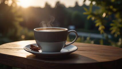 Obraz premium Cup of coffee on table in sunshine background 9.