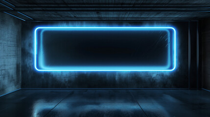 Obraz premium A dimly lit, modern room with a prominent, neon blue rectangular frame emitting a soft glow. The room has a concrete or stone texture on its walls and ceiling, with a few exposed pipes