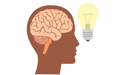 Obraz premium Brown human head with brain and light bulb illustration symbolizing creativity intellect and innovative thinking in a modern minimalist style.