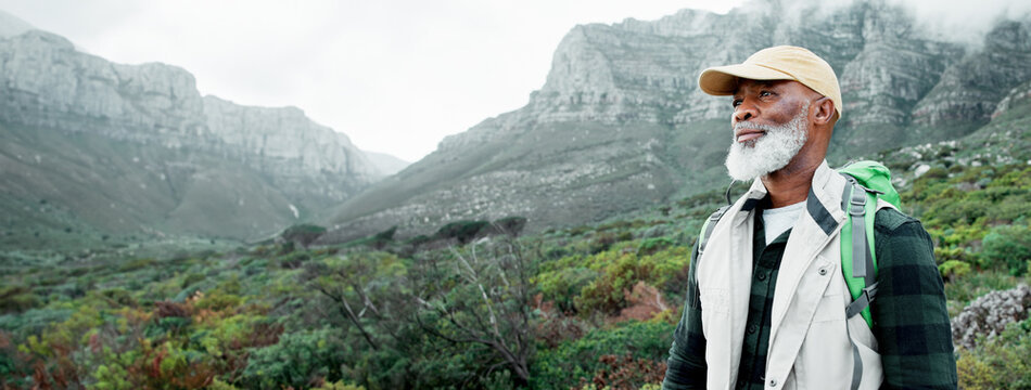 View, mountain or senior black man hiking in nature adventure or journey in woods or outdoor travel. Thinking, forest and person on trail walking for holiday, banner or trekking to explore in France