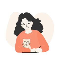 Isolated of a women writing and drawing by tablet with a cat.