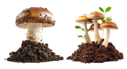 Mushroom growing in soil  on white background.
