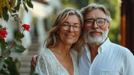 Fototapeta premium A cheerful middle-aged man and younger woman smile warmly at the camera while standing closely together