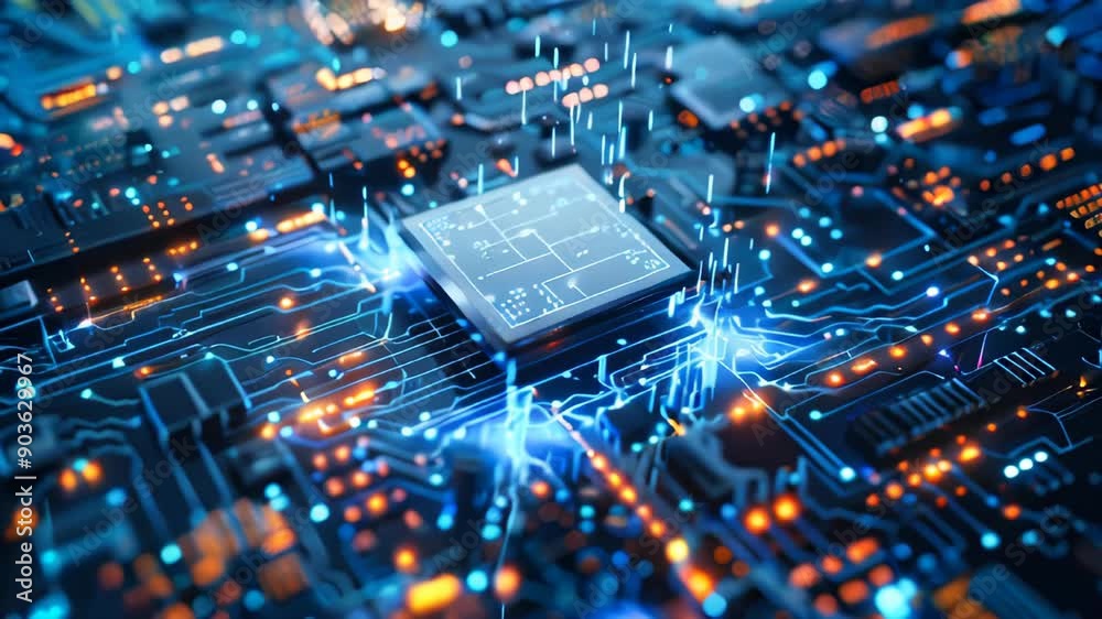 Poster close up of an advanced microchip with data flowing through it