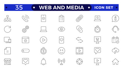 Web and Media thin line icons set.