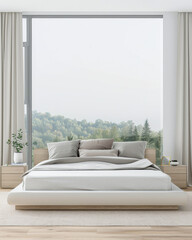 Fototapeta premium Luxury bedroom interiors with a modern bed next to a large window. Plain lighting and colors composition.