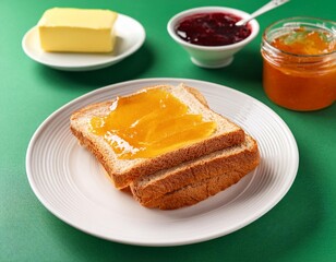 Bread butter jam sandwich slices on green background