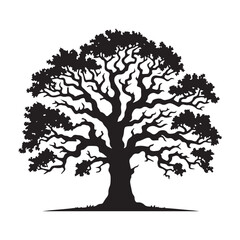 Black Silhouette of Majestic Oak Tree - Elegant Nature Illustration, Timeless Botanical Art