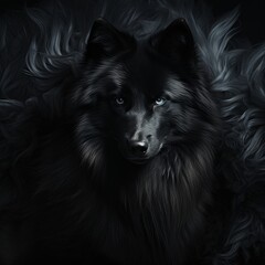 Stunning black wolf with blue eyes on black. Ideal for modern, retro, fashion, creative projects. Suitable for tourism, healthy eating, text placement, and more.