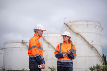 Engineers wearing safety gear, including hard hats examining survey a large blueprint laptop standing industrial facility oil refinery engaged in a job that requires high safety standards.