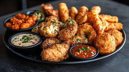 Crispy Delights: Assorted Fried Appetizers Platter on Moody Restaurant Background