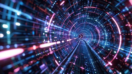 Obraz premium A vibrant digital tunnel filled with glowing lines and bright colors, representing technology, motion, and futuristic concepts.