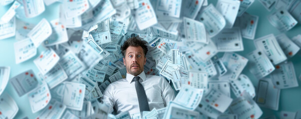 A visual representation of a man engulfed by credit card statements, illustrating the overwhelming nature of personal finance struggles and debt management.
