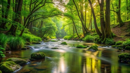 Obraz premium Lush stream flowing peacefully through a dense forest , nature, tranquil, peaceful, water, flow, trees, greenery, serene
