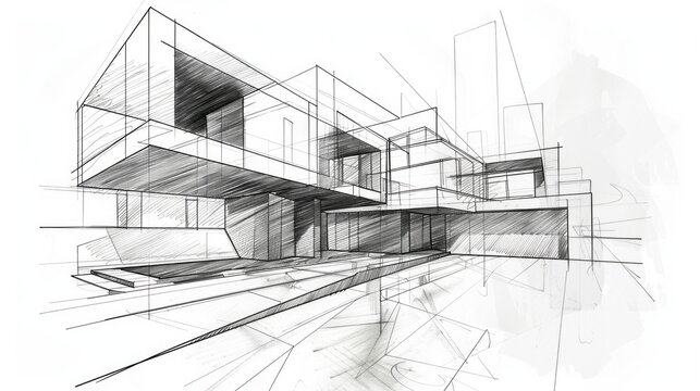 Construction housing project, real estate concept. Residential building blueprint plans. Pencil scetch