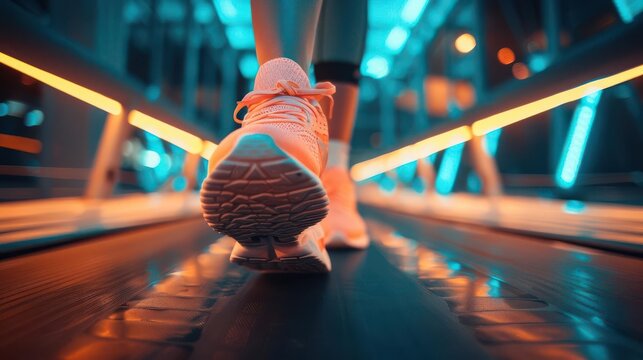 Close-up of a person s feet in running shoes on a treadmill detailed textures and precision
