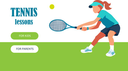 Banner with cute active girl in blue clothing wearing visor and play in tennis. Advertising tennis lessons for active children. Vector illustration