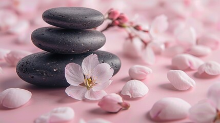 Zen Spa Concept with Black Stones and Pink Cherry Blossoms on Soft Pink Background