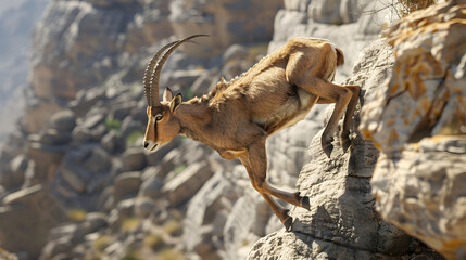 Obraz premium A mountain goat with large horns leaps across a rocky mountainside.
