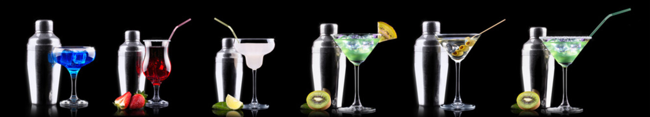 Different alcohol cocktails like beer, martini, soda, champagne, whiskey
