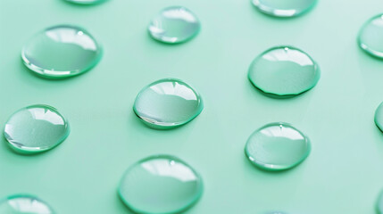 Several dew drops arranged in a pattern on a solid mint green background, emphasizing their crystal-like clarity