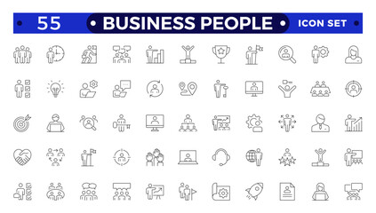 Business people line icons set. Businessman outline icons collection. Teamwork, human resources, meeting, partnership, meeting, work group, success, resume.