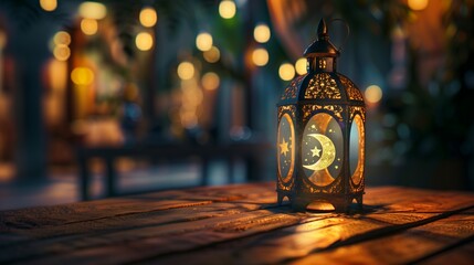 A serene ambiance envelops a wooden table adorned with a beautifully ornate Arabic Ramadan lantern.
