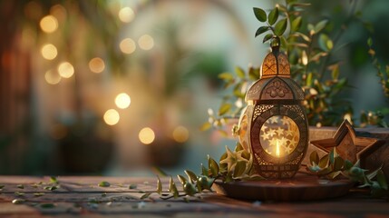A serene ambiance envelops a wooden table adorned with a beautifully ornate Arabic Ramadan lantern.
