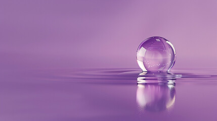 Single dew drop with a clear reflection on a solid dark purple background, creating a serene image.