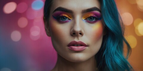 Obraz premium Close-up, Pretty face of a beautiful woman with multi colors vivid makeup on minimal background.