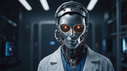 Doctor in a coat with a robot head and a stethoscope, robotic doctor is the future of medicine Artificial intelligence Modern technologies of neural networks mixed media.